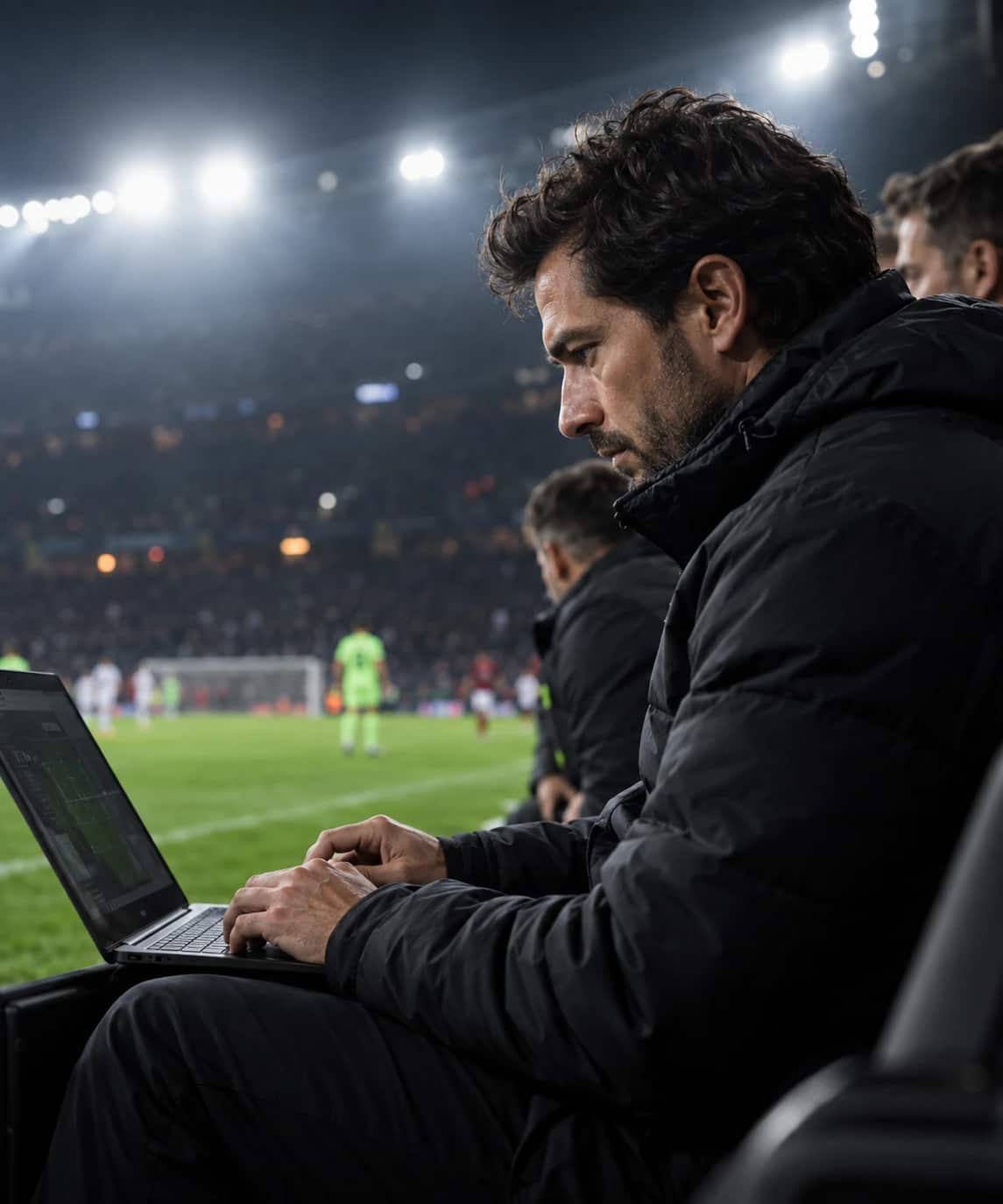 Organizador con su laptop al borde de la cancha, en un estadio de noche