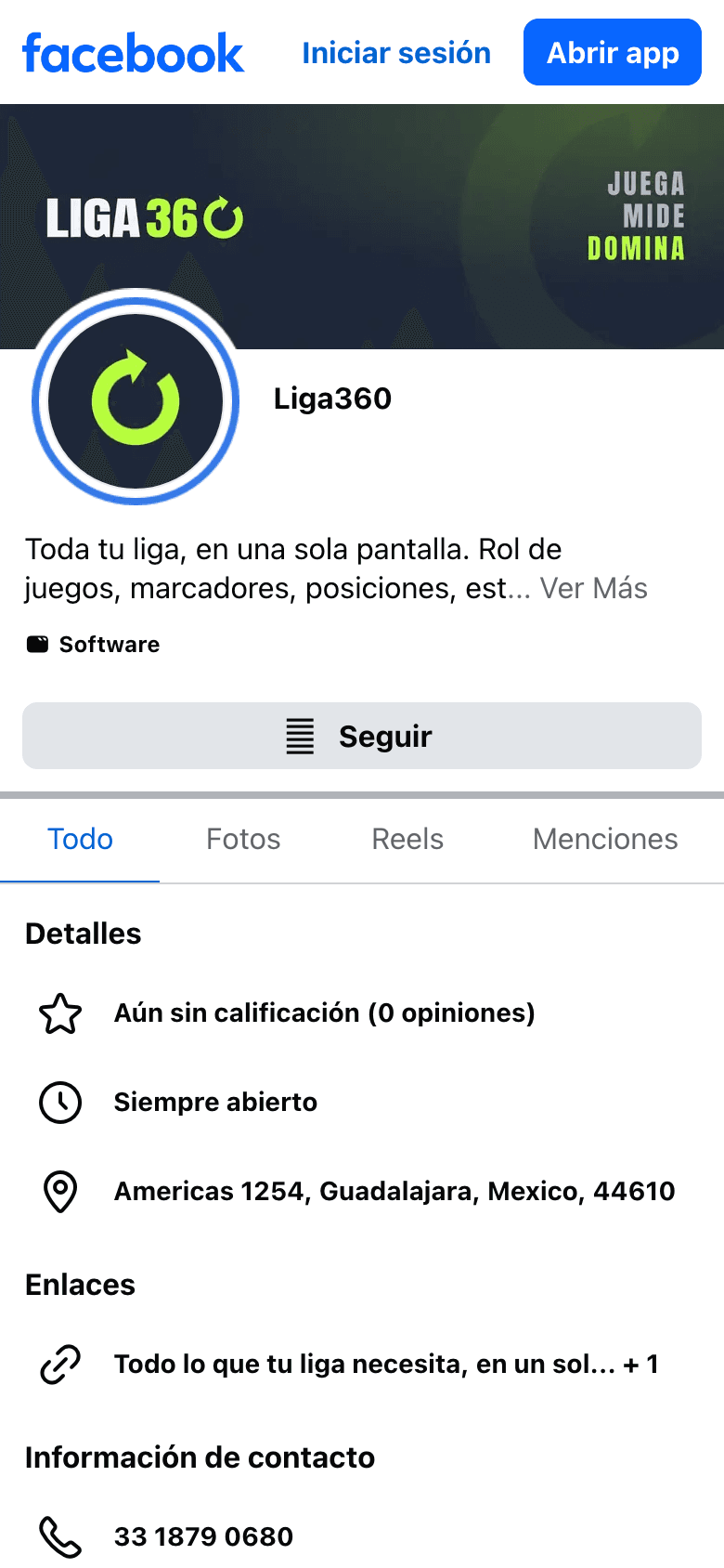 Perfil de Liga360 en Facebook (Liga360), visto en el teléfono