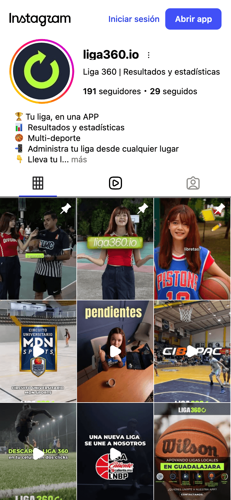 Perfil de Liga360 en Instagram (@liga360.io), visto en el teléfono